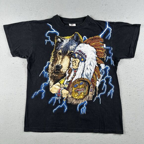 Vintage American Thunder Shirt‎ Large Native American Wolf AOP Short Sleeve - Picture 1 of 16